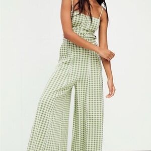 Free People Wide-Leg Gingham Jumpsuit in Light Green
